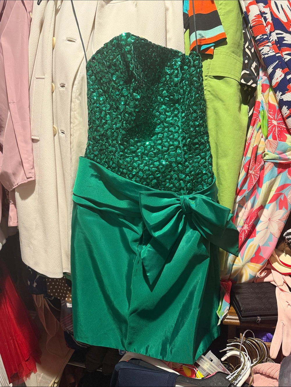 Strapless Sequin and Satin Mini Dress with Side Bow - Emerald Green